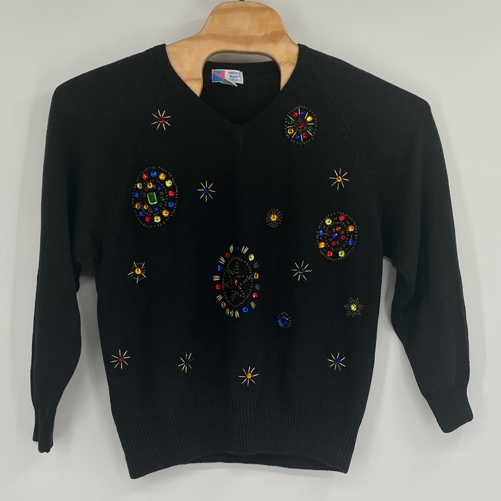 Vintage Lindsey Blake Sweater‎ Black Gold Jeweled Holiday Sz L?